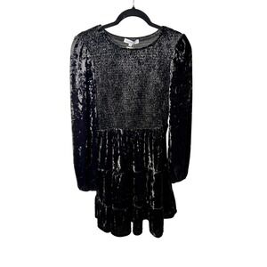 NWT Miss Sparkling Black Velvet Smocked Tiered Long Sleeve Dress M